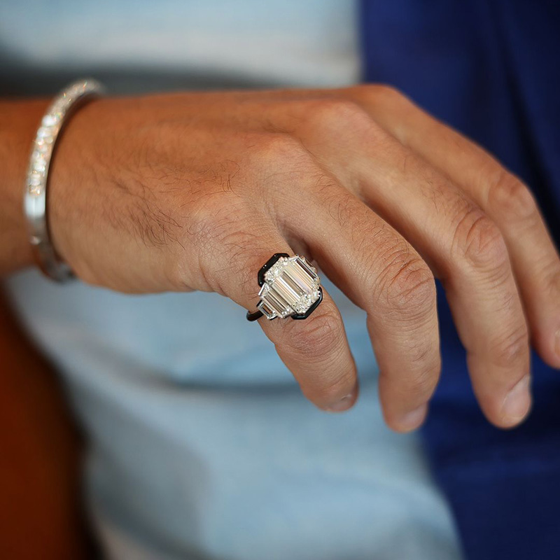 6ct Emerald Cut Flanked By 1.5ct Trapezoid White Sapphire Handmade Engagement Ring