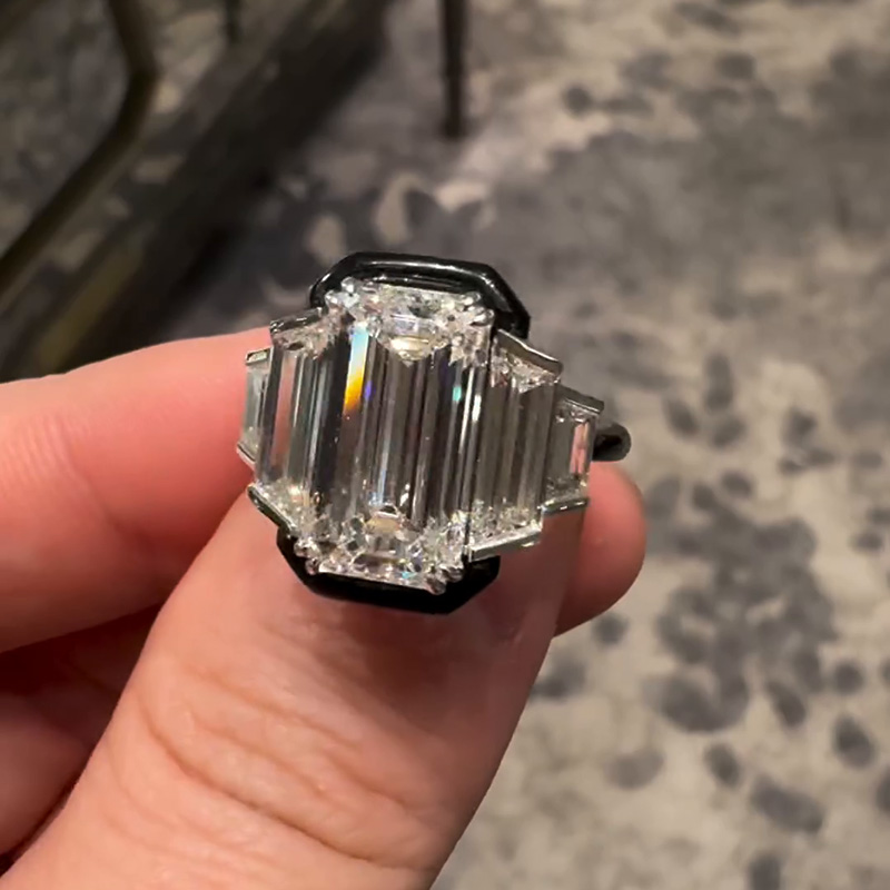 6ct Emerald Cut Flanked By 1.5ct Trapezoid White Sapphire Handmade Engagement Ring