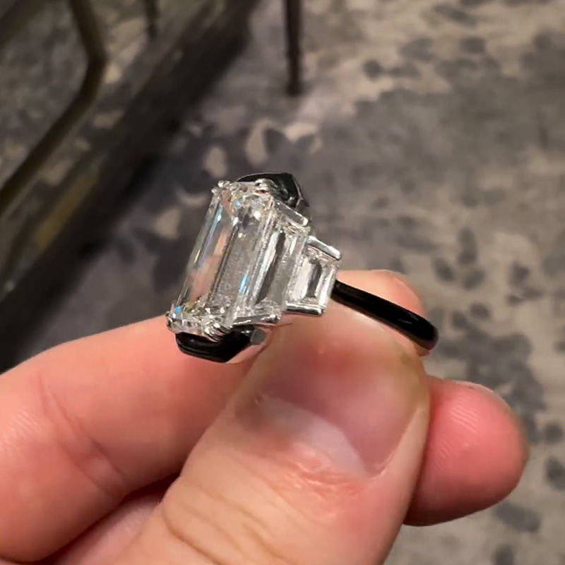 6ct Emerald Cut Flanked By 1.5ct Trapezoid White Sapphire Handmade Engagement Ring