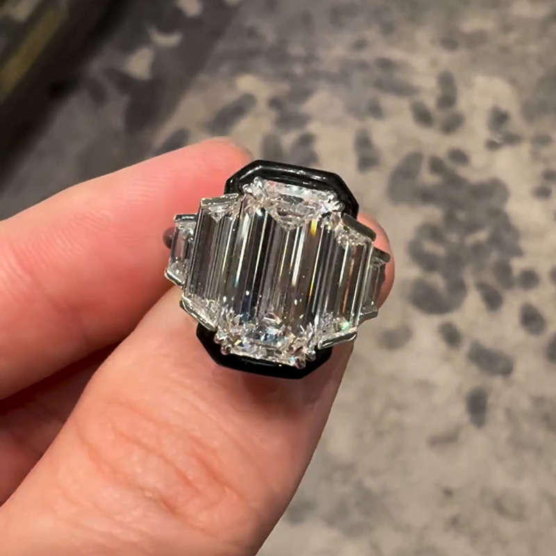 6ct Emerald Cut Flanked By 1.5ct Trapezoid White Sapphire Handmade Engagement Ring