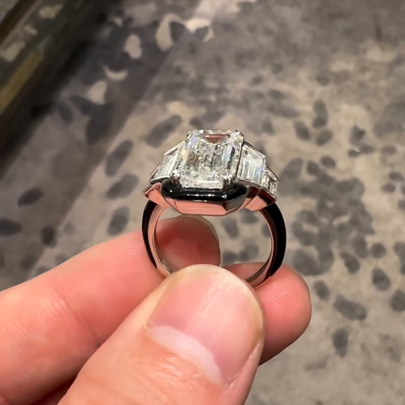 6ct Emerald Cut Flanked By 1.5ct Trapezoid White Sapphire Handmade Engagement Ring