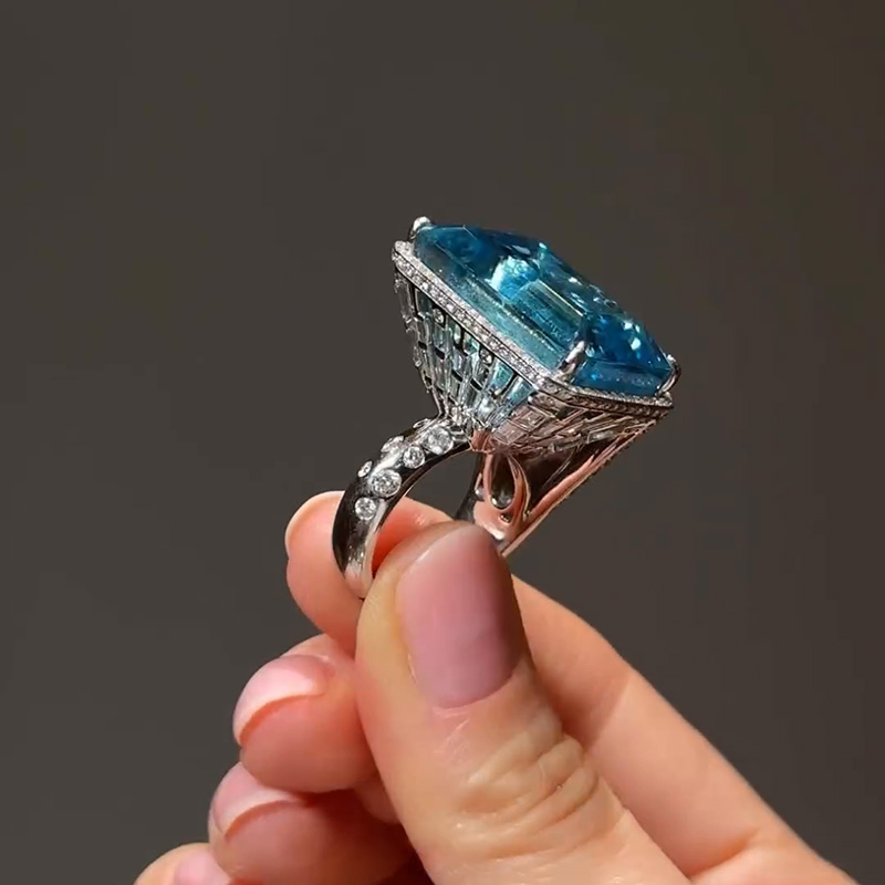 37ct Emerald Cut Aquamarine Halo Paved Unique Design Handmade Cocktail Ring