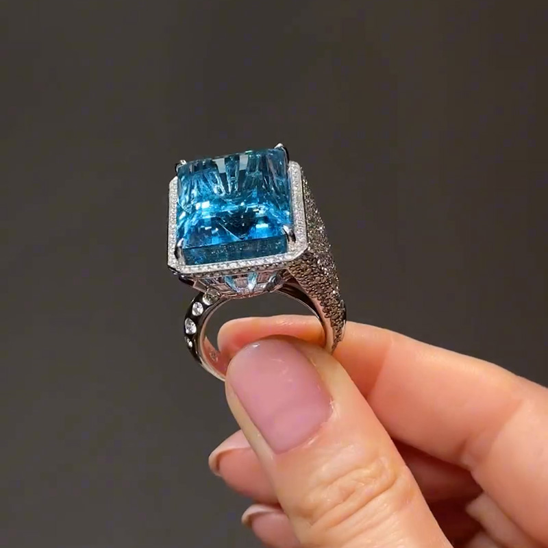 37ct Emerald Cut Aquamarine Halo Paved Unique Design Handmade Cocktail Ring