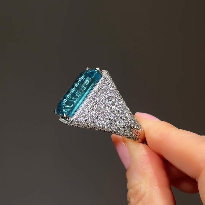 37ct Emerald Cut Aquamarine Halo Paved Unique Design Handmade Cocktail Ring