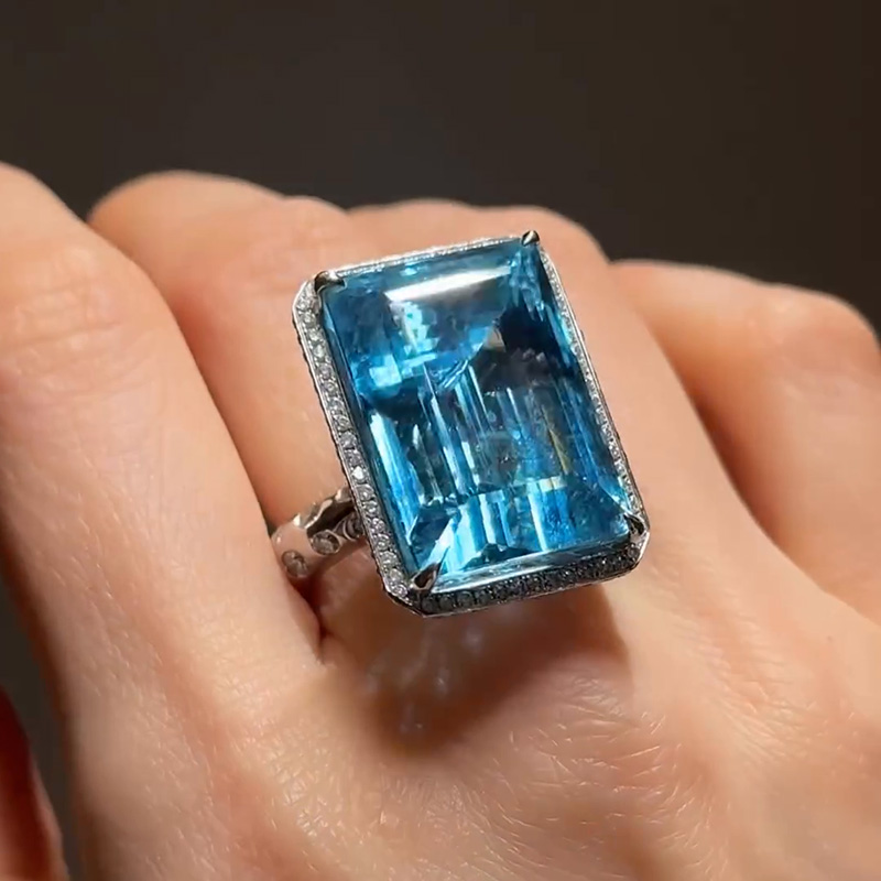 37ct Emerald Cut Aquamarine Halo Paved Unique Design Handmade Cocktail Ring