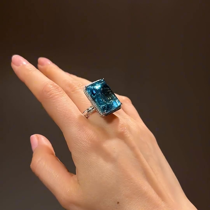 37ct Emerald Cut Aquamarine Halo Paved Unique Design Handmade Cocktail Ring