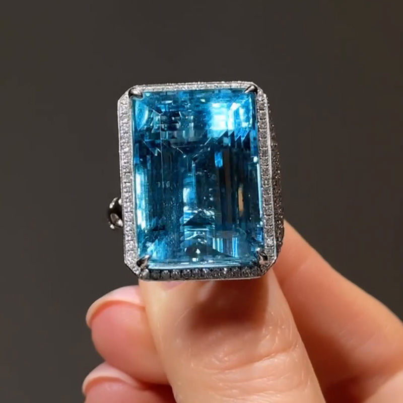 37ct Emerald Cut Aquamarine Halo Paved Unique Design Handmade Cocktail Ring