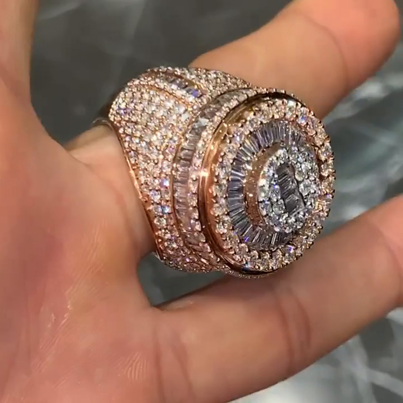 10.7ct Baguette & Round Cut White Sapphire Rose Gold Handmade Men's Ring