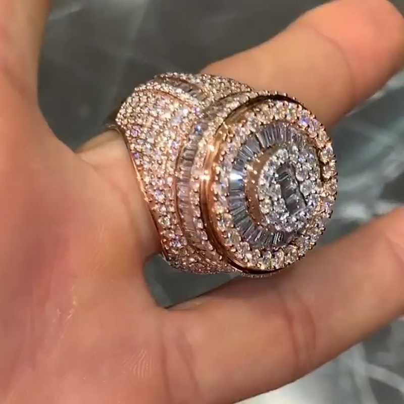 10.7ct Baguette & Round Cut White Sapphire Rose Gold Handmade Men's Ring