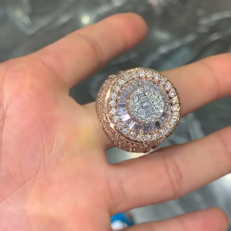 10.7ct Baguette & Round Cut White Sapphire Rose Gold Handmade Men's Ring