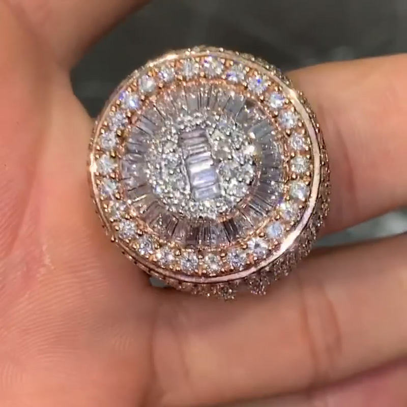 10.7ct Baguette & Round Cut White Sapphire Rose Gold Handmade Men's Ring