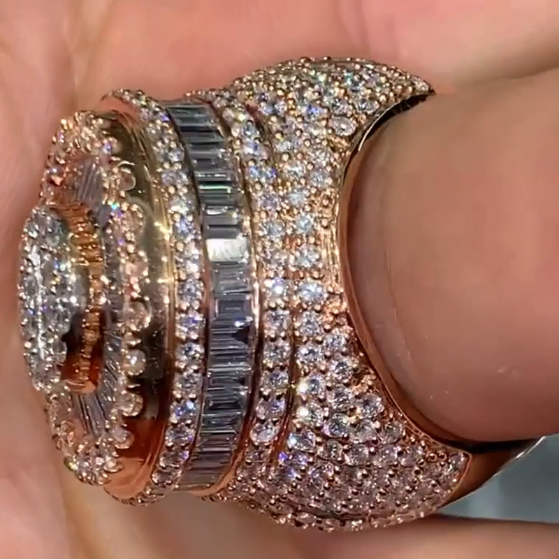 10.7ct Baguette & Round Cut White Sapphire Rose Gold Handmade Men's Ring