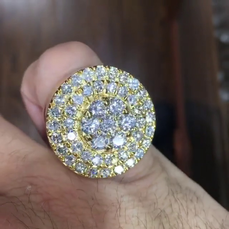 Round Cut White Sapphire Pave Set Yellow Gold Handmade Men's Ring