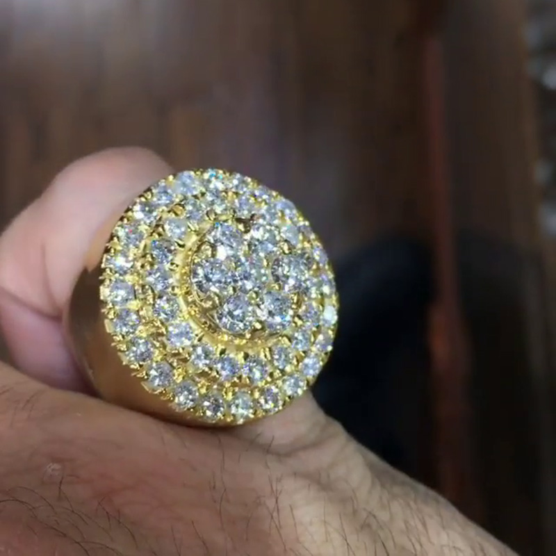 Round Cut White Sapphire Pave Set Yellow Gold Handmade Men's Ring