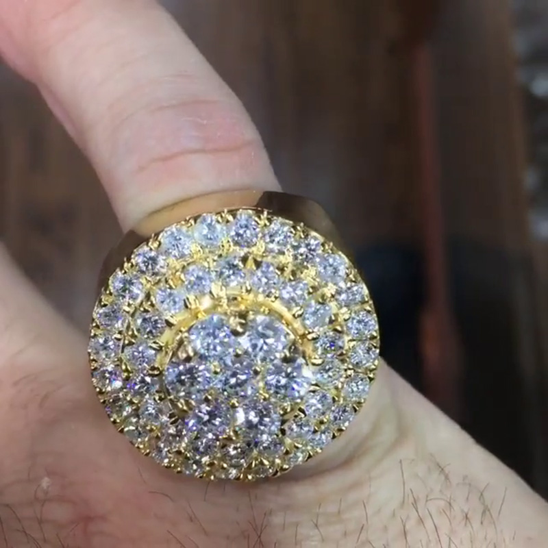 Round Cut White Sapphire Pave Set Yellow Gold Handmade Men's Ring