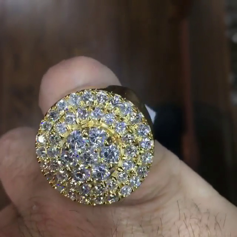 Round Cut White Sapphire Pave Set Yellow Gold Handmade Men's Ring