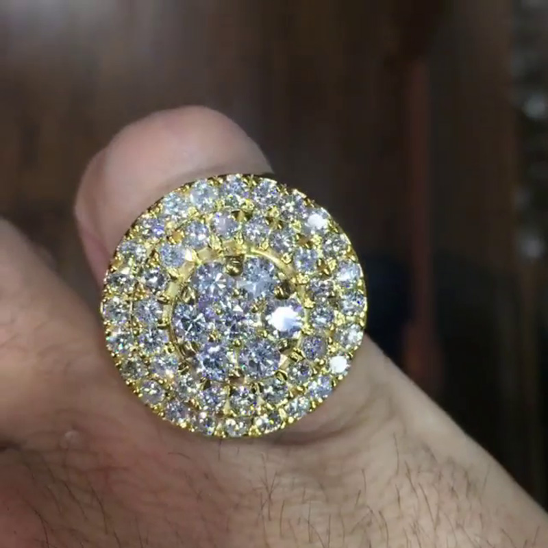 Round Cut White Sapphire Pave Set Yellow Gold Handmade Men's Ring