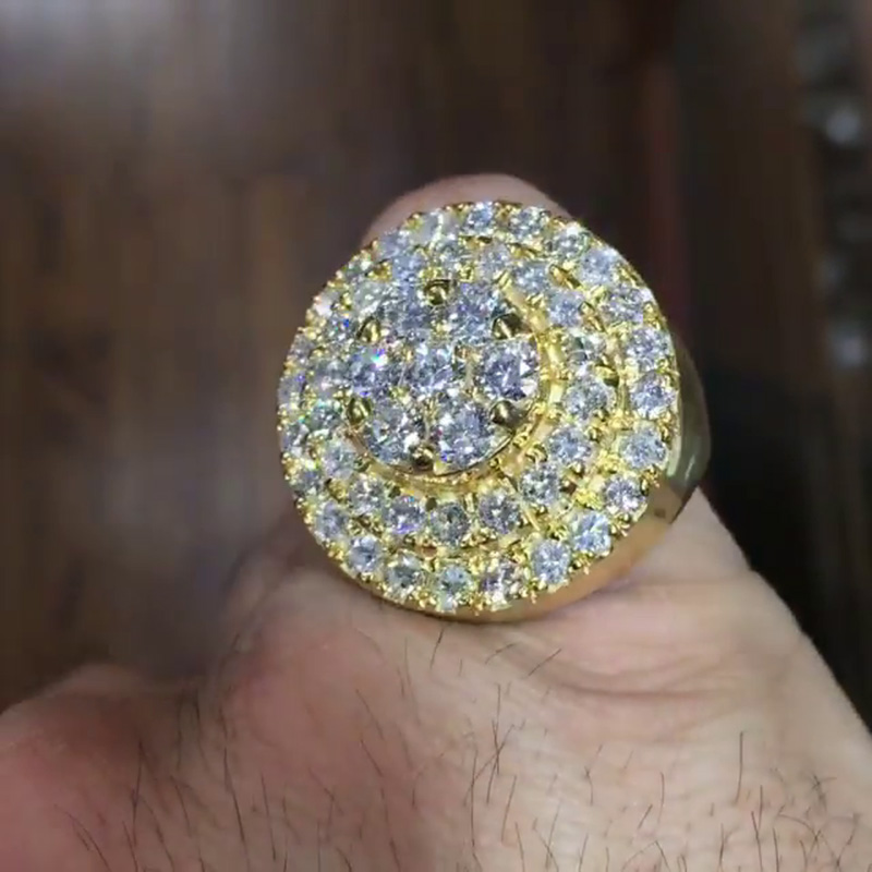 Round Cut White Sapphire Pave Set Yellow Gold Handmade Men's Ring