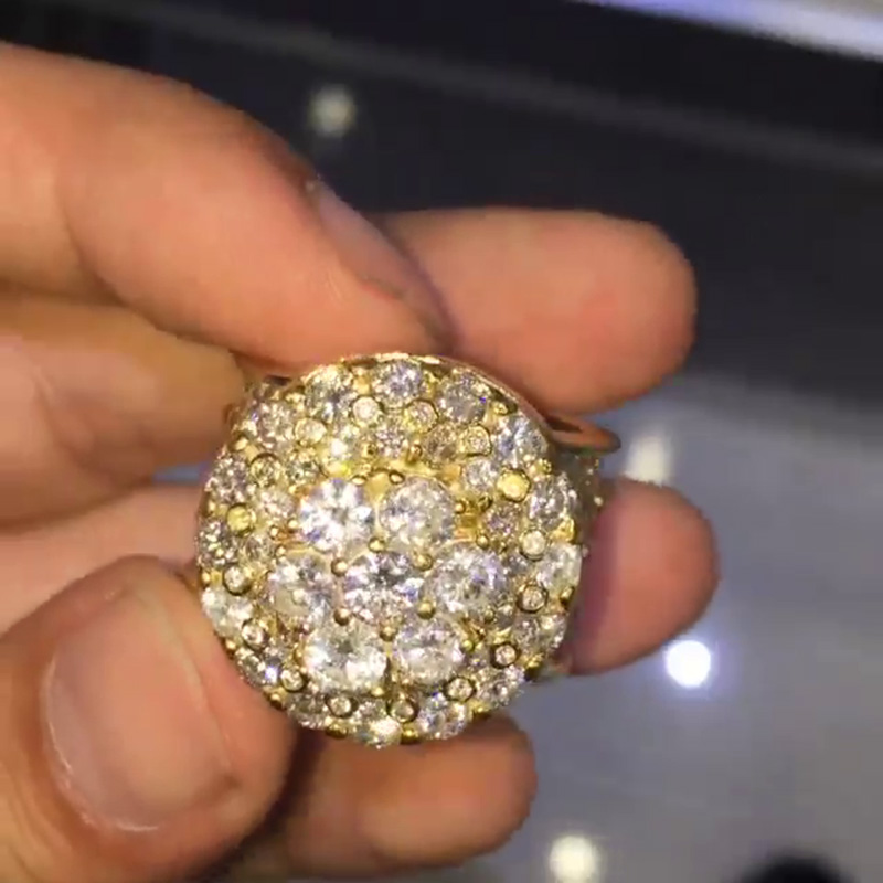 Round Cut White Sapphire Pave Set Yellow Gold Vintage Style Men's Ring