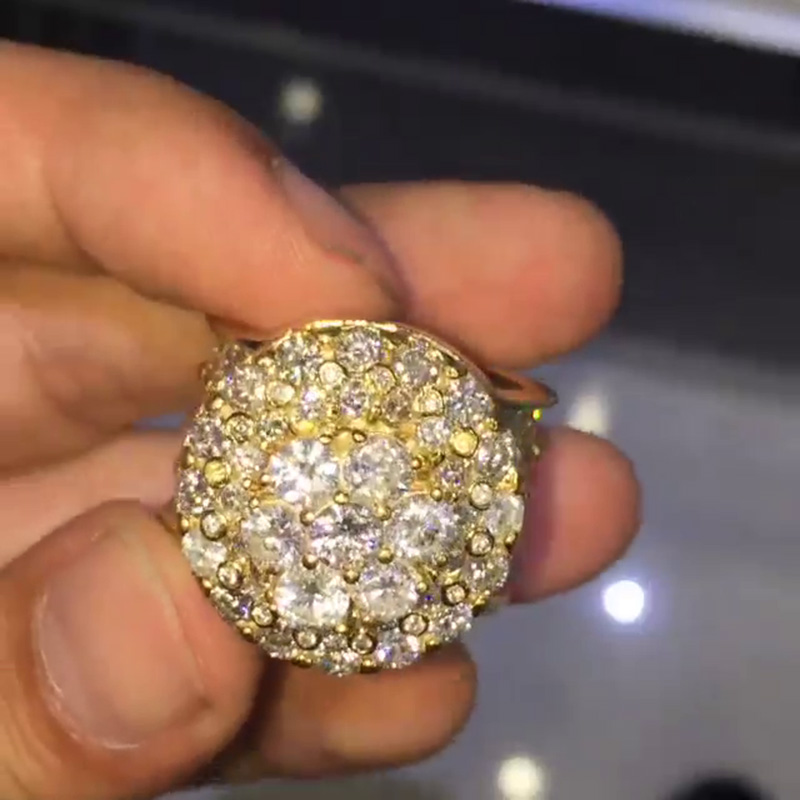 Round Cut White Sapphire Pave Set Yellow Gold Vintage Style Men's Ring