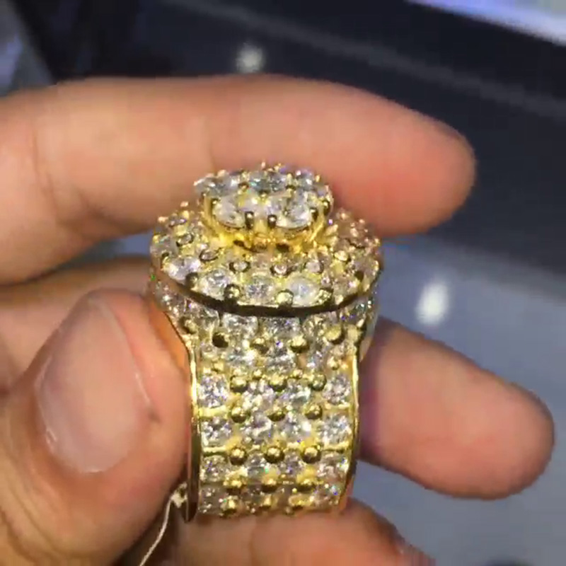 Round Cut White Sapphire Pave Set Yellow Gold Vintage Style Men's Ring