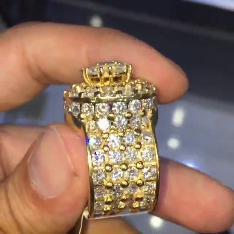 Round Cut White Sapphire Pave Set Yellow Gold Vintage Style Men's Ring