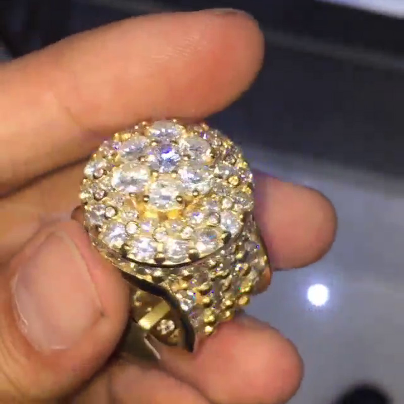 Round Cut White Sapphire Pave Set Yellow Gold Vintage Style Men's Ring