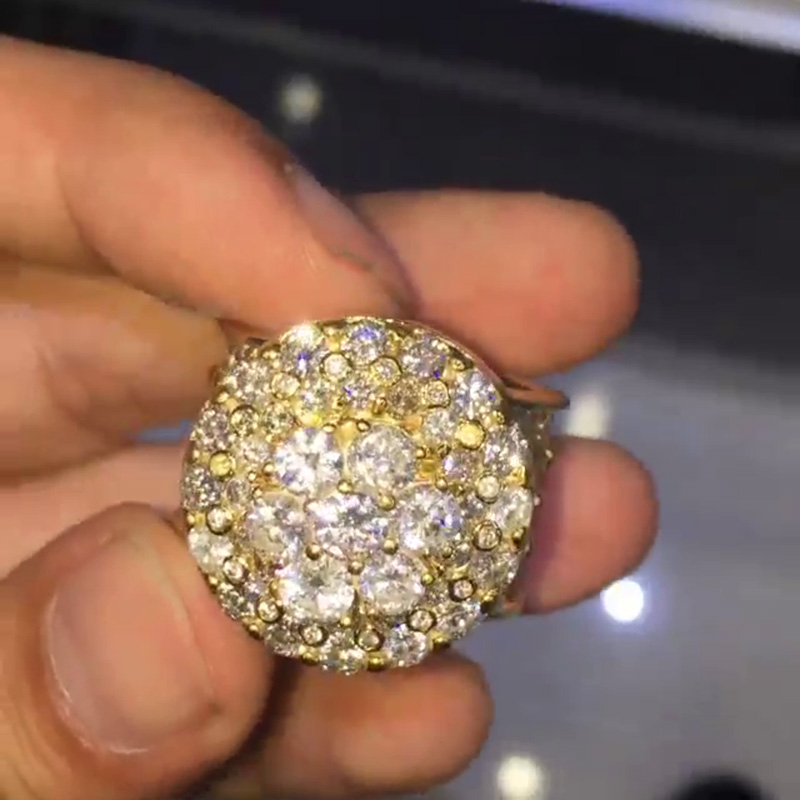 Round Cut White Sapphire Pave Set Yellow Gold Vintage Style Men's Ring