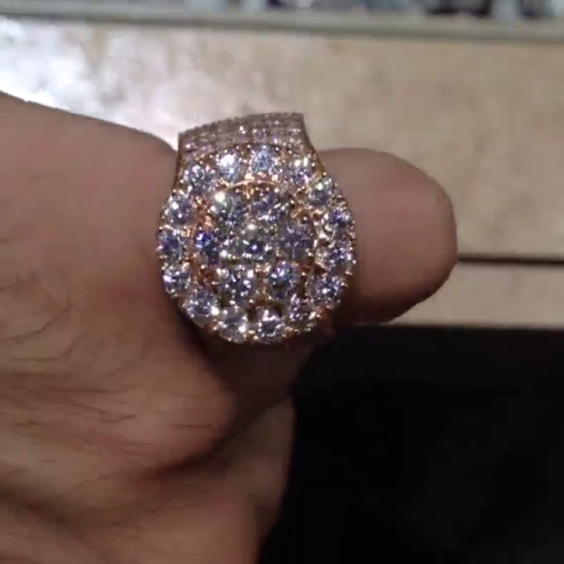 Round Cut White Sapphire Pave Set Rose Gold Handmade Men's Ring