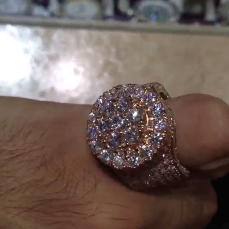 Round Cut White Sapphire Pave Set Rose Gold Handmade Men's Ring