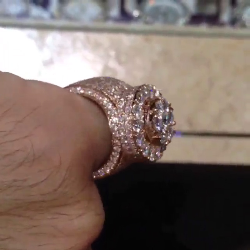 Round Cut White Sapphire Pave Set Rose Gold Handmade Men's Ring