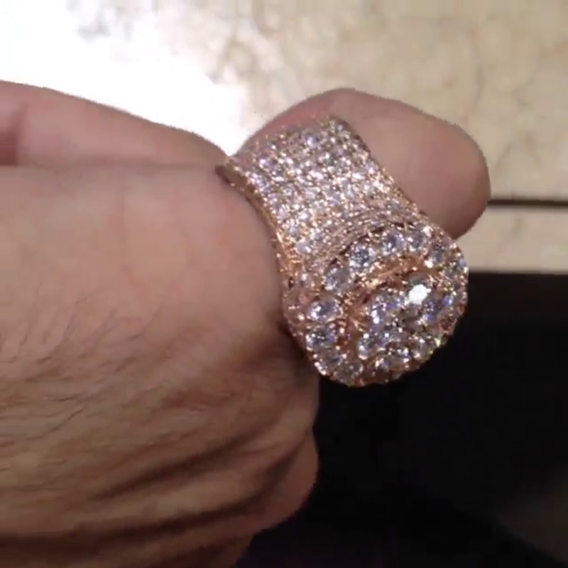 Round Cut White Sapphire Pave Set Rose Gold Handmade Men's Ring