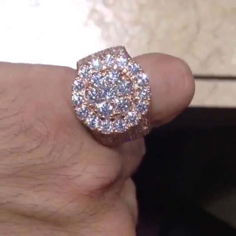 Round Cut White Sapphire Pave Set Rose Gold Handmade Men's Ring