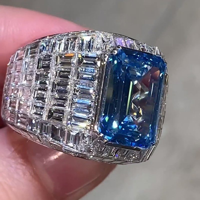 10ct Emerald Cut Blue Sapphire Invisible Set Luxury Men's Ring
