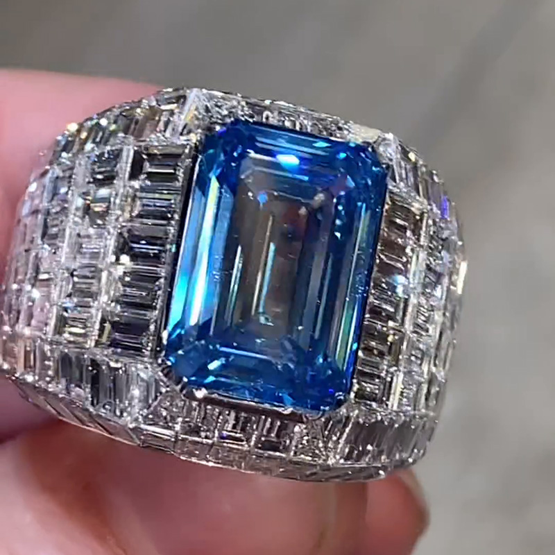 10ct Emerald Cut Blue Sapphire Invisible Set Luxury Men's Ring
