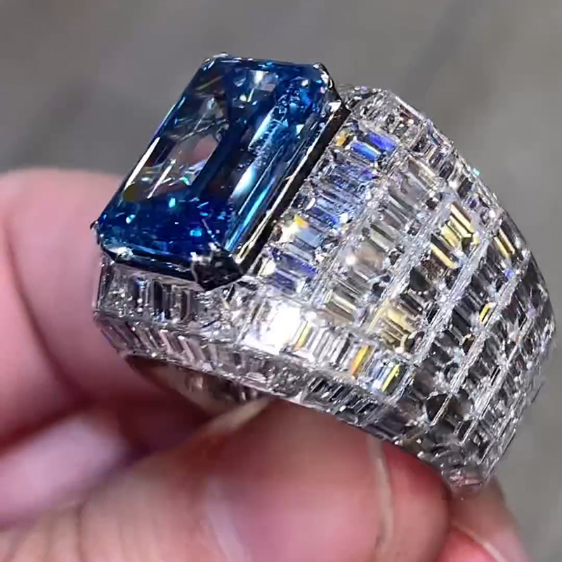 10ct Emerald Cut Blue Sapphire Invisible Set Luxury Men's Ring