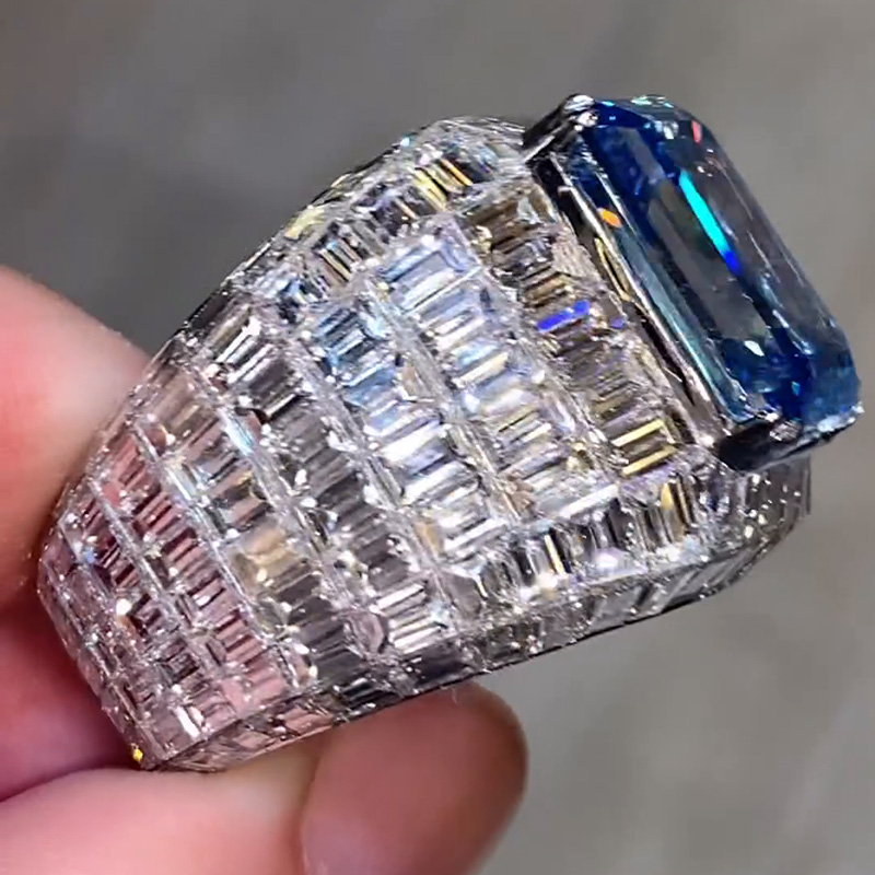 10ct Emerald Cut Blue Sapphire Invisible Set Luxury Men's Ring