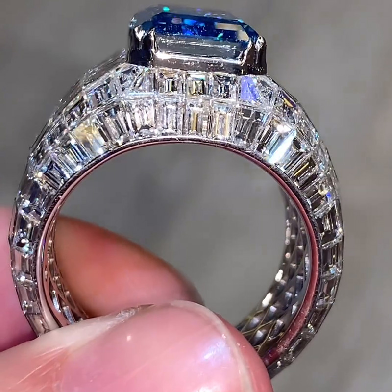 10ct Emerald Cut Blue Sapphire Invisible Set Luxury Men's Ring
