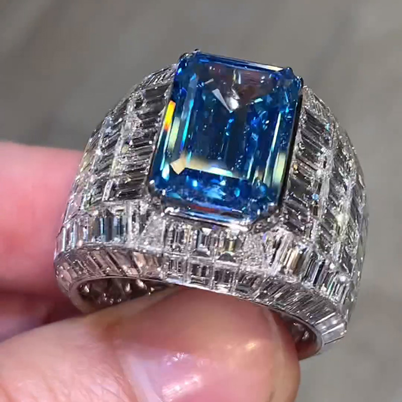 10ct Emerald Cut Blue Sapphire Invisible Set Luxury Men's Ring
