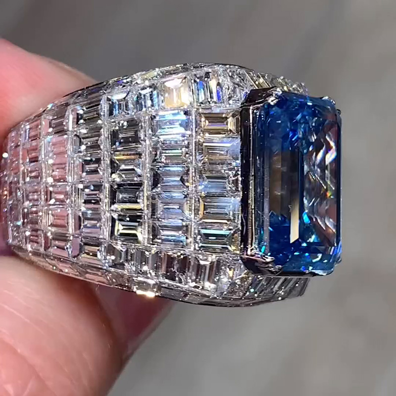 10ct Emerald Cut Blue Sapphire Invisible Set Luxury Men's Ring
