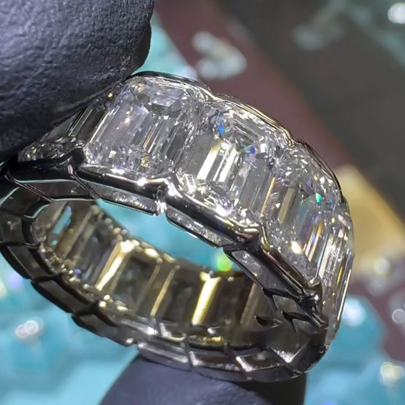 1ct Each Emerald Cut White Sapphire Bezel Setting Eternity Handmade Engagement Ring