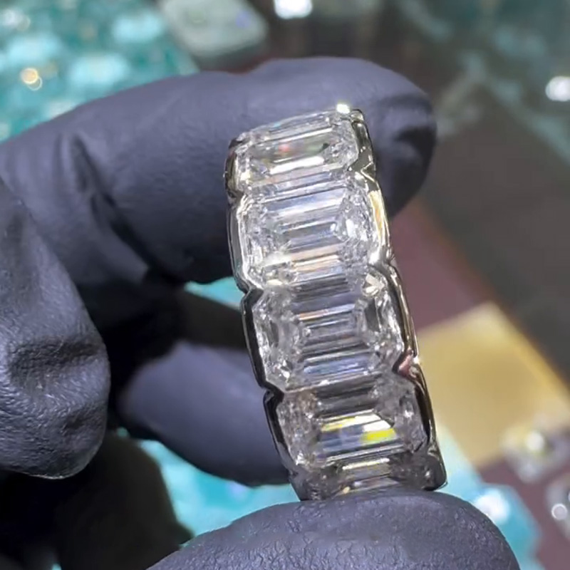 1ct Each Emerald Cut White Sapphire Bezel Setting Eternity Handmade Engagement Ring