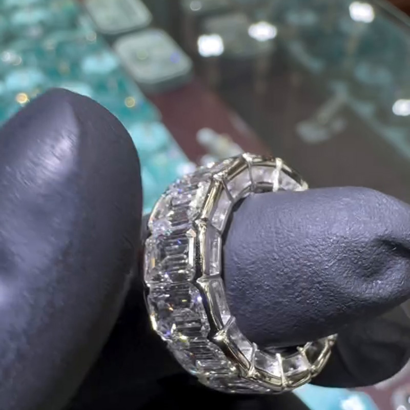 1ct Each Emerald Cut White Sapphire Bezel Setting Eternity Handmade Engagement Ring