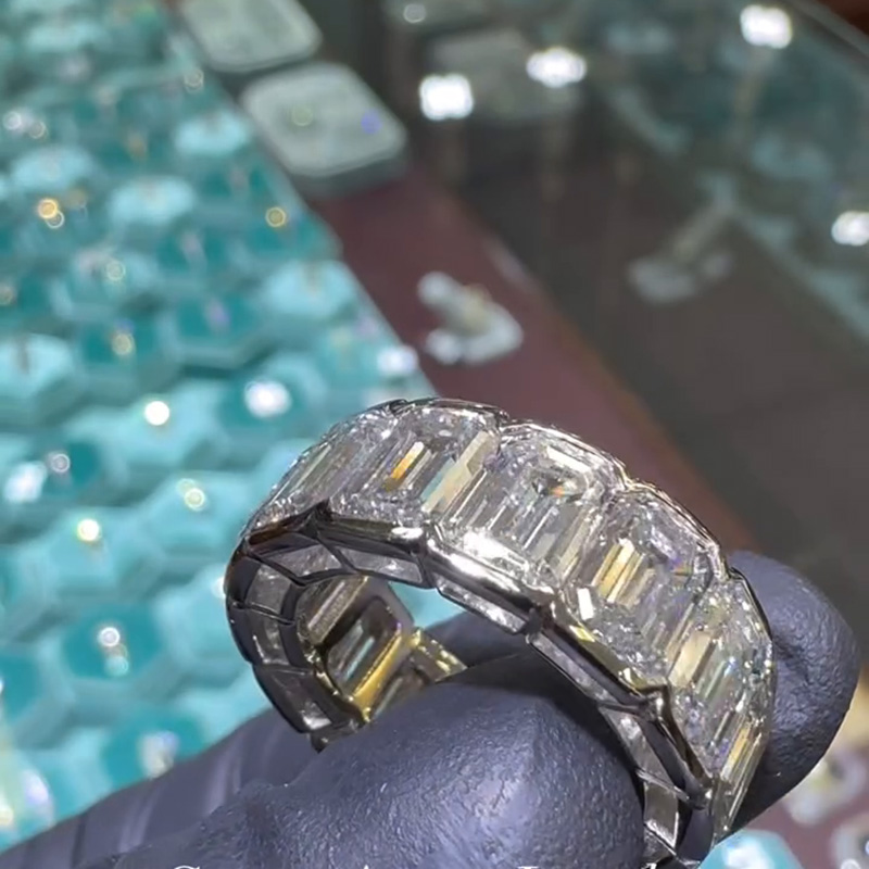 1ct Each Emerald Cut White Sapphire Bezel Setting Eternity Handmade Engagement Ring