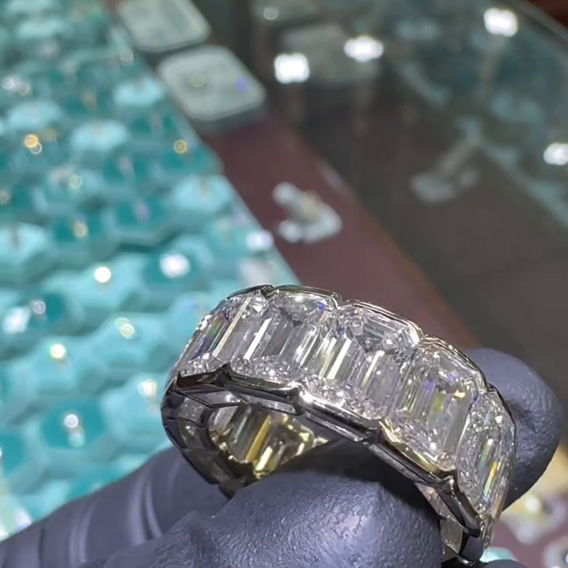 1ct Each Emerald Cut White Sapphire Bezel Setting Eternity Handmade Engagement Ring