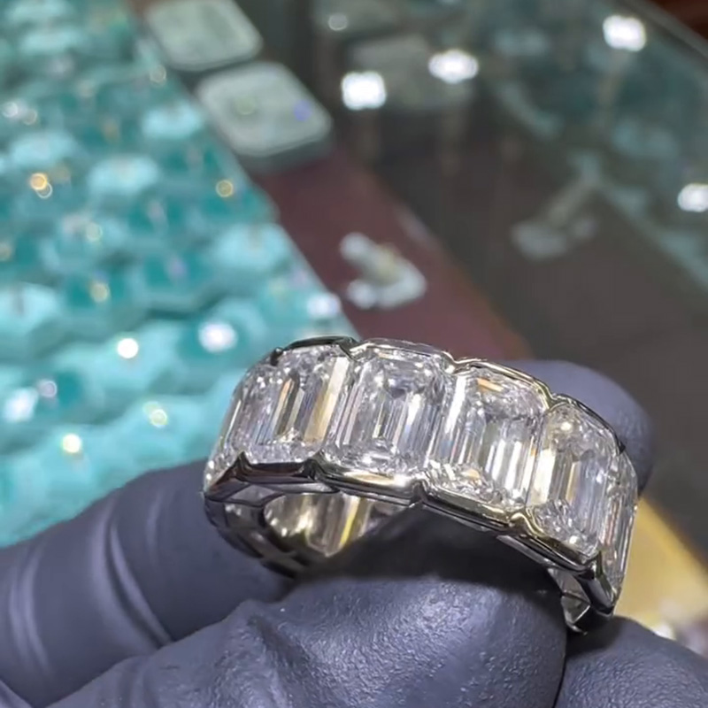 1ct Each Emerald Cut White Sapphire Bezel Setting Eternity Handmade Engagement Ring