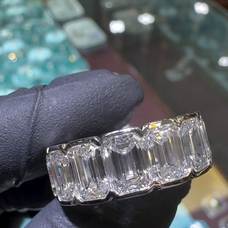 1ct Each Emerald Cut White Sapphire Bezel Setting Eternity Handmade Engagement Ring