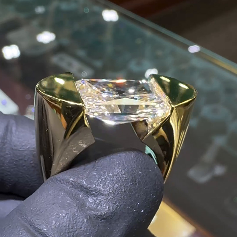 12ct Radiant Cut White Sapphire Yellow Gold Unique Design Handmade Men's Ring