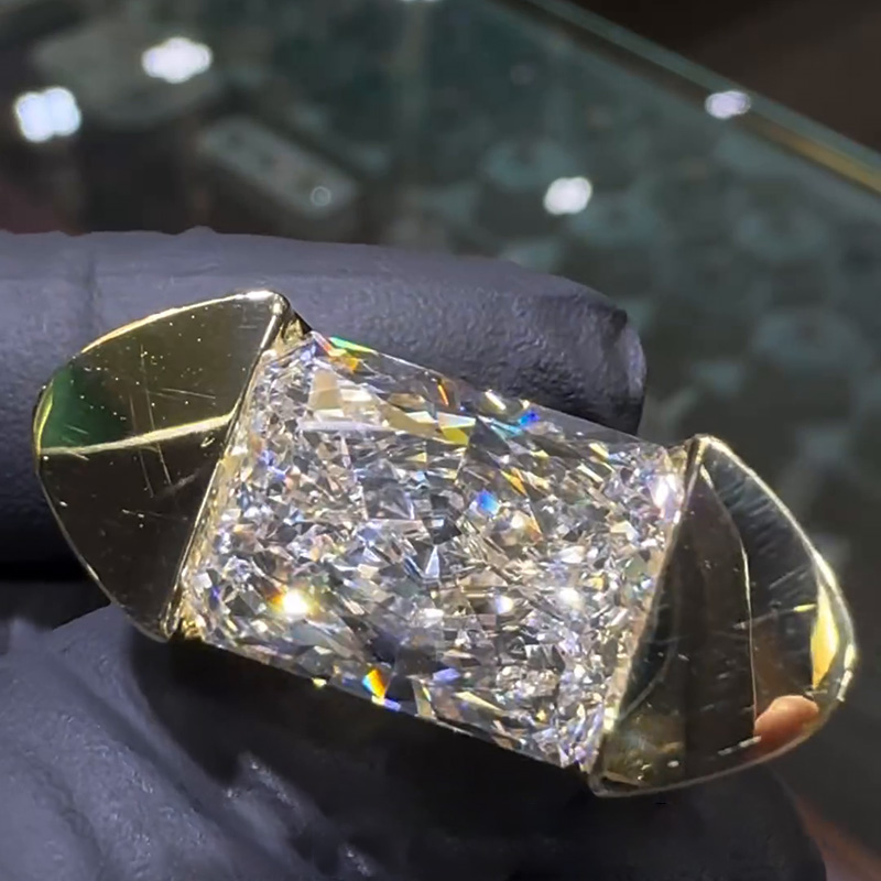 12ct Radiant Cut White Sapphire Yellow Gold Unique Design Handmade Men's Ring