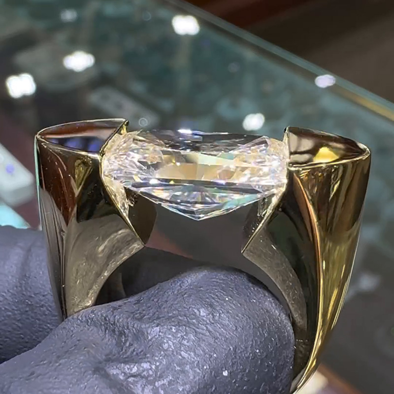 12ct Radiant Cut White Sapphire Yellow Gold Unique Design Handmade Men's Ring